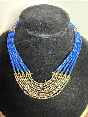 Ethnic Blue Beaded Multi-Strand Statement Necklace